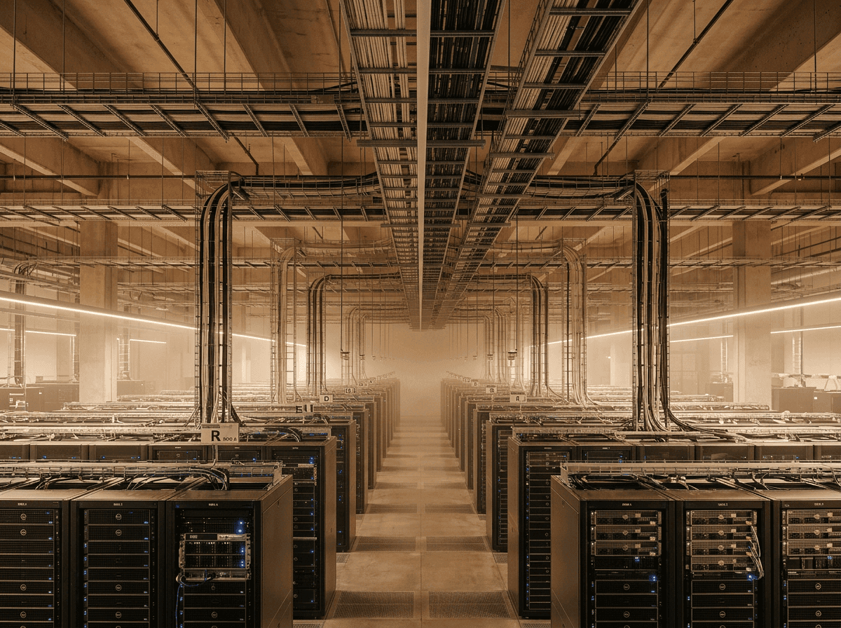Interior of a modern AI infrastructure hall with parallel rows of compute and overhead cable trays — graph-native infrastructure