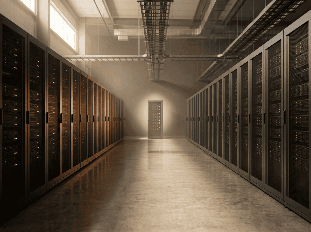 Wide cinematic view down a data hall aisle — warm-toned operator-grade environment