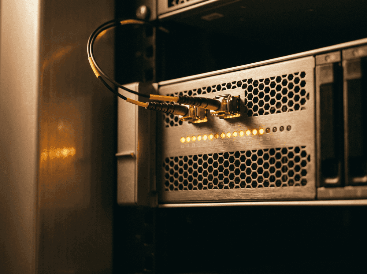 Close-up of a production server module with active status indicators glowing warm amber