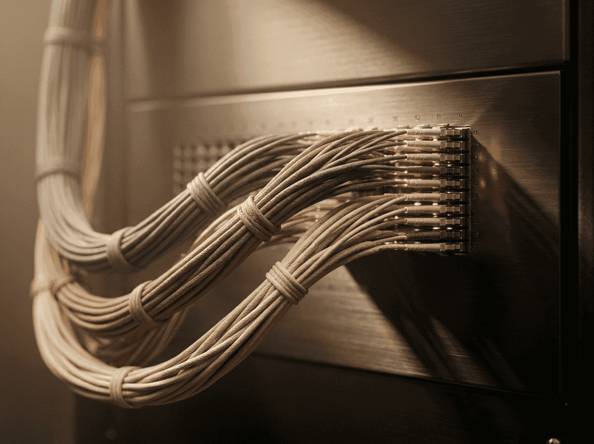 Bundled fiber-optic cables converging at an interconnect panel — multi-cloud routing fabric