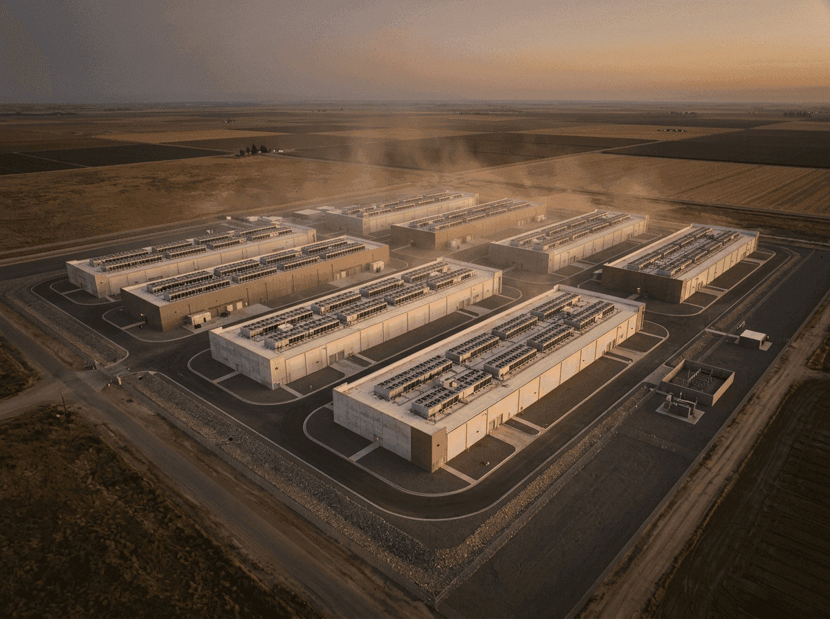Aerial golden-hour view of a sprawling data center campus — global operational scale